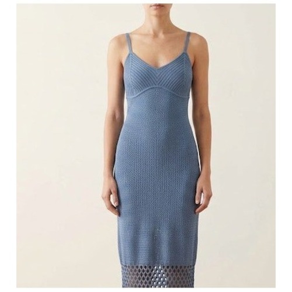 Miou Muse Blue Knit Maxi Dress Sleeveless Fishnet Hem D3519 Large